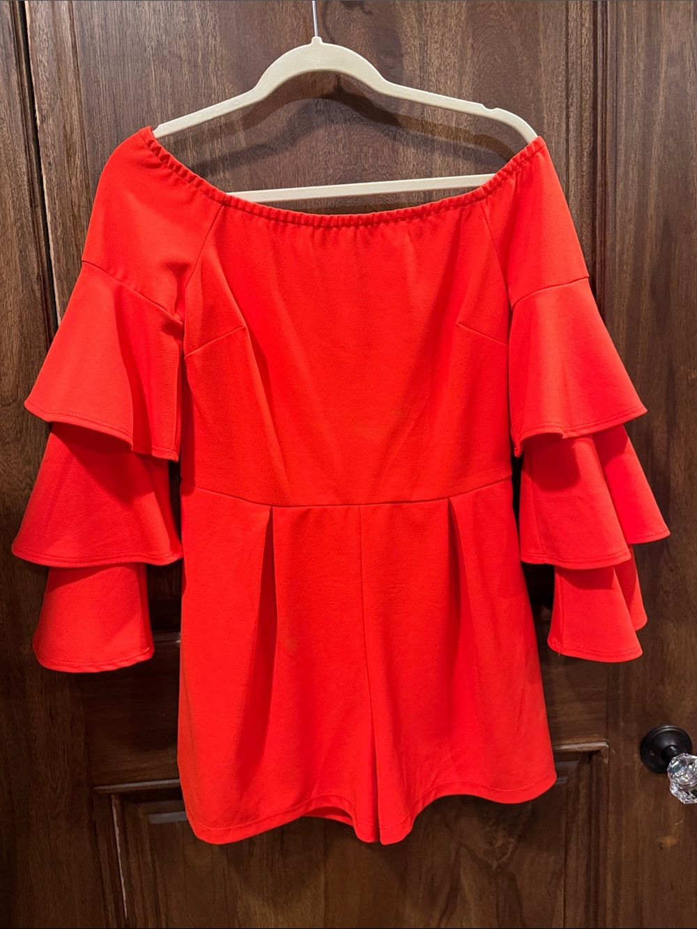 VENUS Red Off-Shoulder Ruffled Sleeve Romper